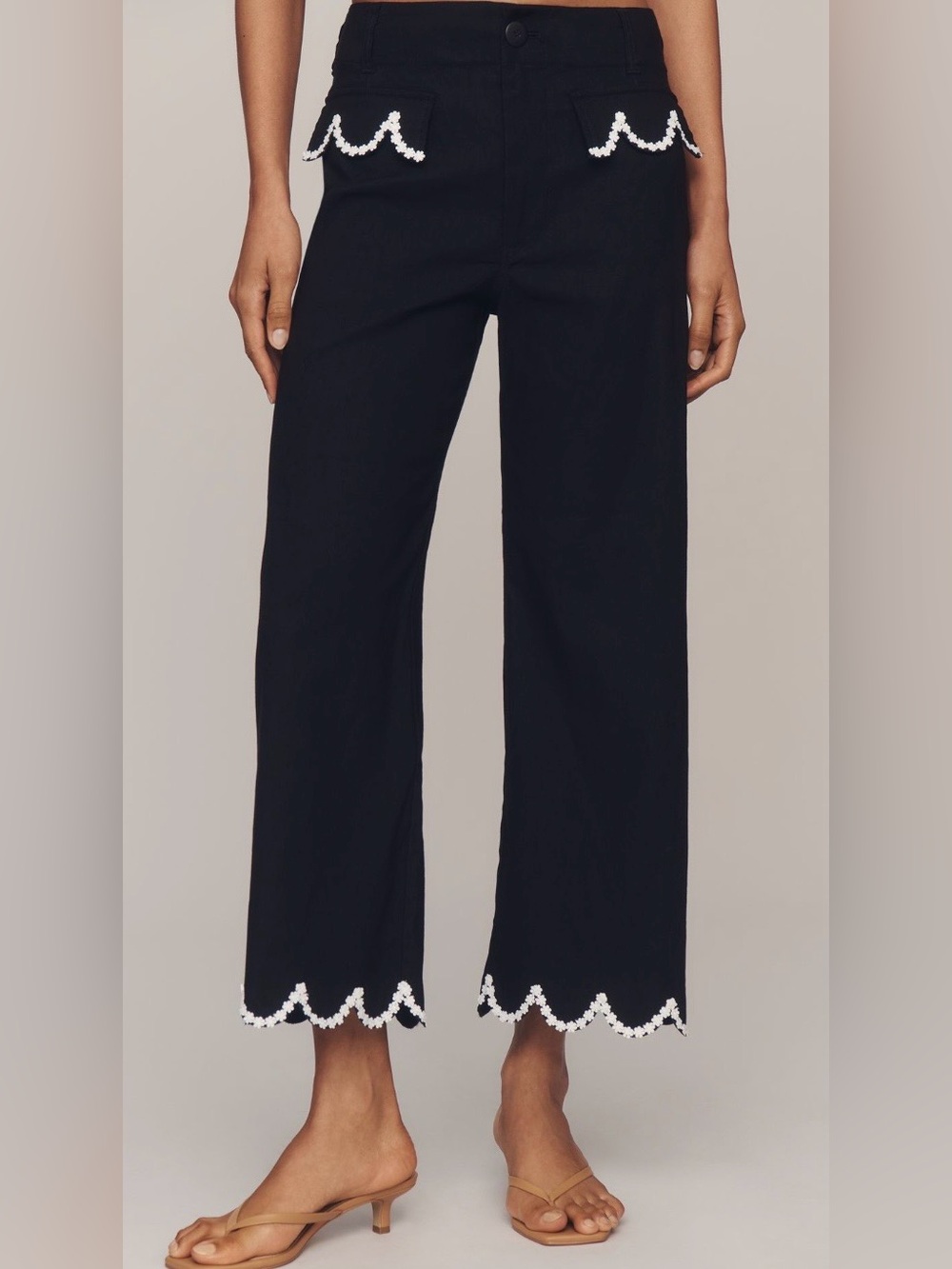 NWT Anthropologie Maeve Colette Black Wide-Leg Pants with White Crochet Trim 30T